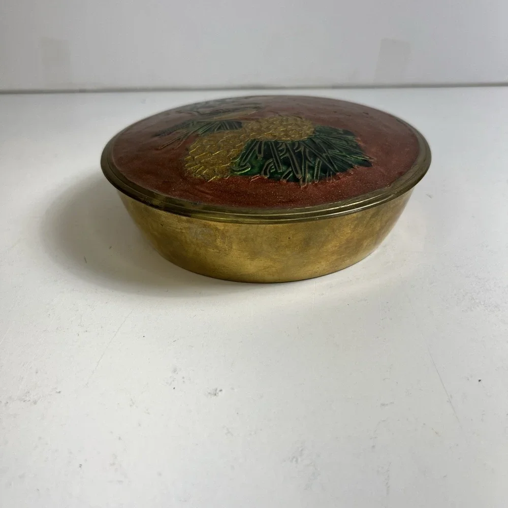 Vintage Made in India Brass Enamel Trinket Box Bird